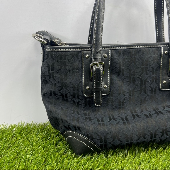 Fossil Black Leather Monogrammed Fabric Canvas Small Tote Satchel Handbag Purse - Picture 5 of 14